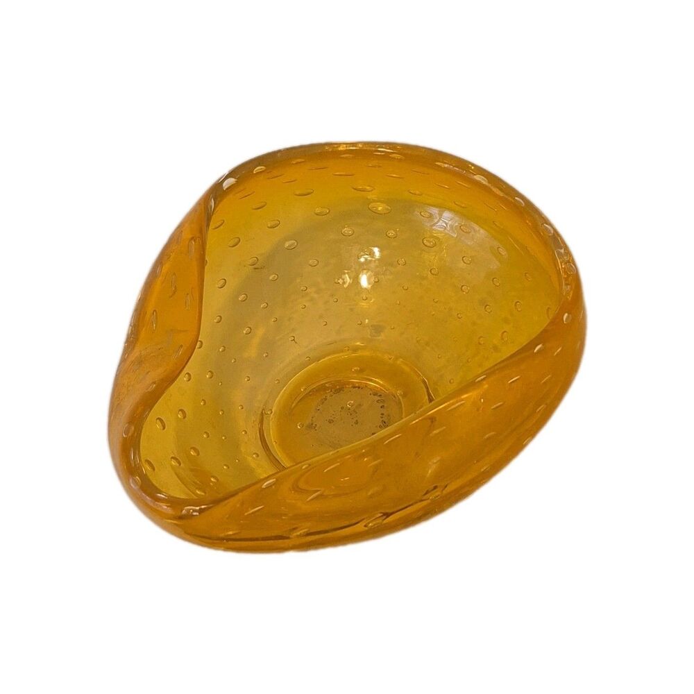Amber Orange Blown Glass Bowl Bubble Folded Edge VTG 70's - Picture 3 of 7